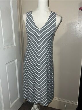 Sleeveless V-Neck Gray & White Striped Cotton Blend Dress